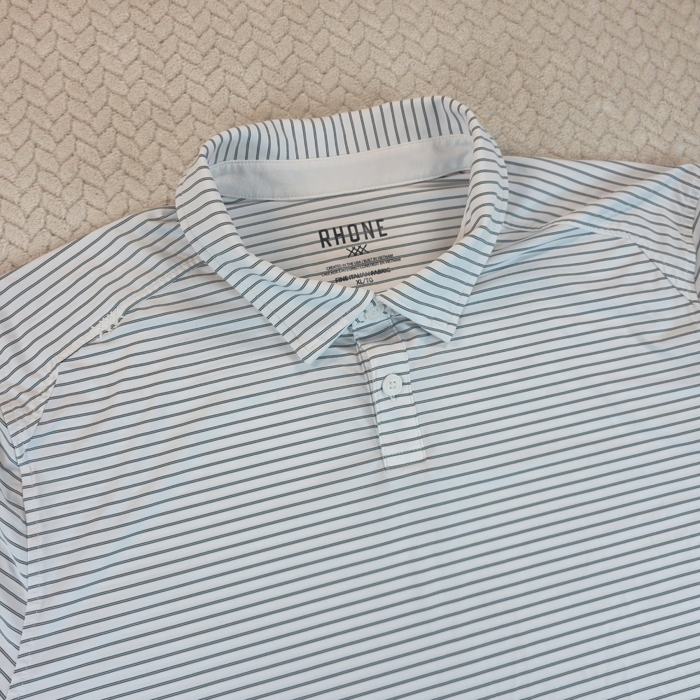 Rhone Delta Pique Polo Shirt Mens XL White Blue Striped Italian Fabric Short Slv